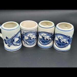 Set of 4 Hand-Painted Delft Holland Miniature Mugs with Windmill Design